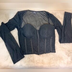 Black Sheer Long Sleeve Bustier Top